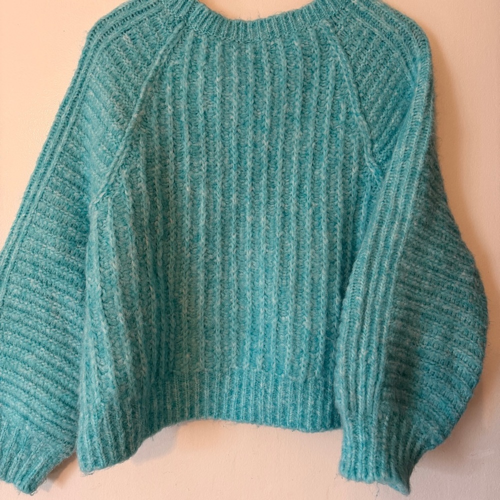 Free People Like New Carter Pullover - Aqua Fur Size S Boxy Fit - Picture 7 of 8